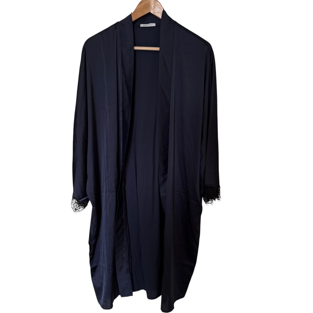 Simone Perele Satin Kimono Robe Womens L Navy Blue Excellent Lace Trim no belt